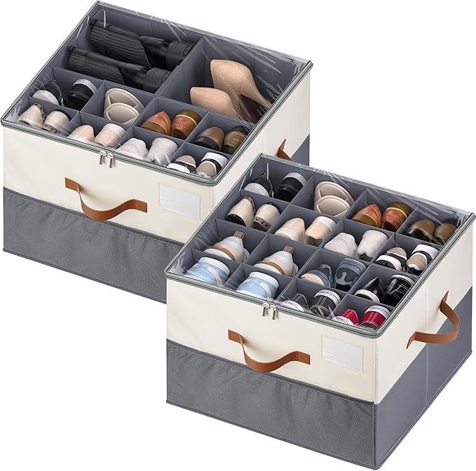 MSTONAL Shoe Organizer for Closet, 2 Pack Shoe Storage Containers with Adjustable Dividers, Space Saving Shoe Box Organizers Bins with Clear Lids & 4 Handles, Fits 16-32 Pairs, Beige & Grey