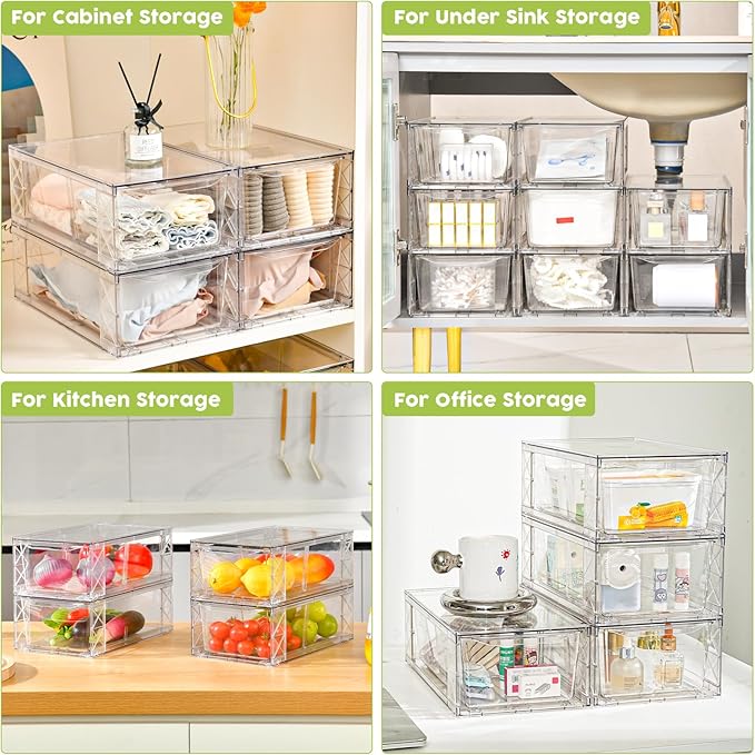 4 Pack Acrylic Storage Drawers, Clear Stackable Storage Drawers, Acrylic Organizers Drawers for Under Sink, Pantry, Bathroom, AcrylicStorage Containers for Makeup Organizers Cosmetic Display, Medium