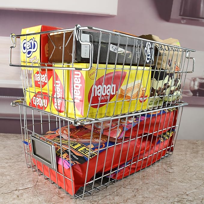Orgneas Stackable Chest Freezer Baskets Organizer Bins, Metal Wire Baskets Pantry Organizer Produce Baskets with Tag Slot for Snacks Vegetables and Fruits