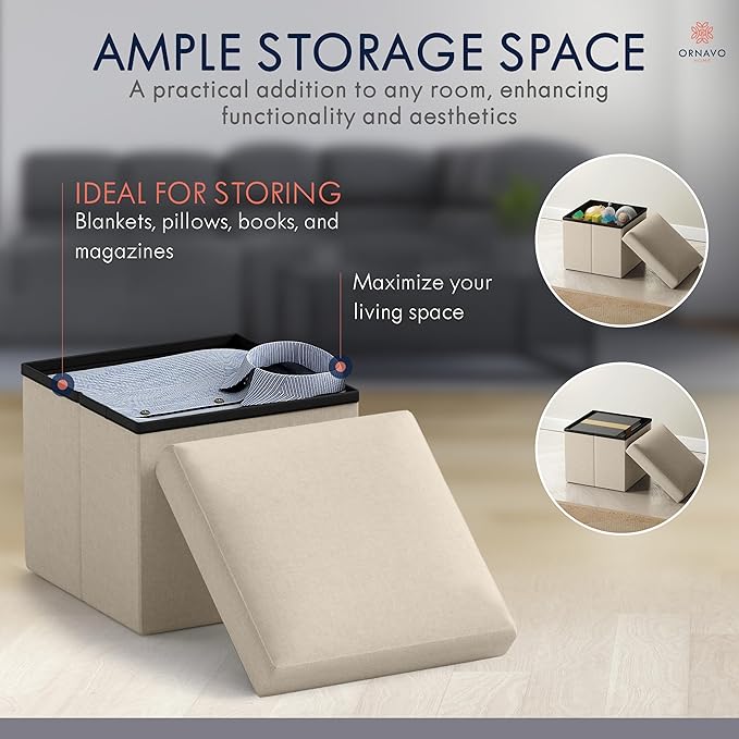 Ornavo Home Small Storage Ottoman Foldable Collapsible Cube Square Linen Ottoman Foot Rest Stool Seat, for Living Room, Bedroom, Home Office, Dorm - 12 x 12 x 12, Beige
