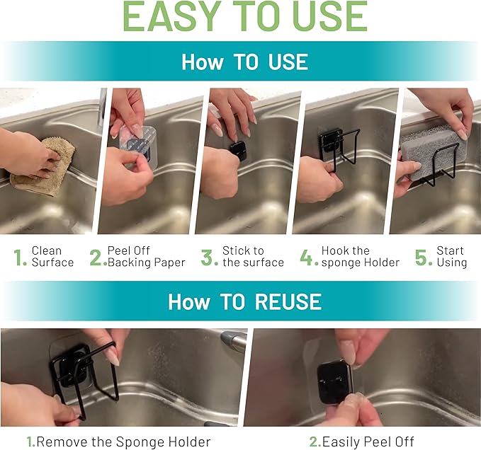 Hook LAB Reusable Sponge Holder for Kitchen Sink & Bathroom Organizer, Mountable Rack for Sponges, Scrubbers, Soaps and Brushes (Black)