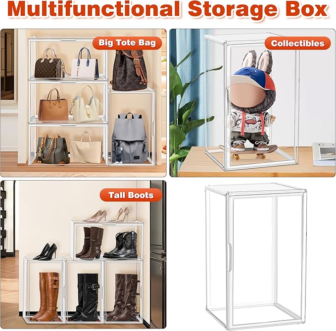 23.6'' Tall Acrylic Display Case for Collectible, XXXXX-Large Purse Handbag Organizer 13.8''x12.2''x23.6'' Clear Boot Totes Storage Box Transparent Huge Figure Collectibles Showcase with Magnetic Lid