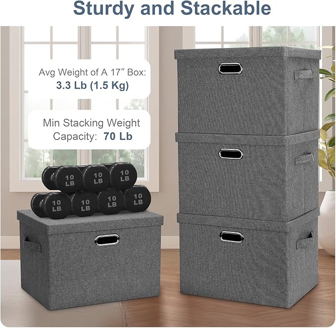 Graciadeco Large 17" 36 Quart Collapsible Stackable Storage Bins with Lids, 5 Packs Gray Foldable Fabric Closet Storage Boxes with Lids, Heavy-duty Linen Cube Baskets(17 x 12 x 11)