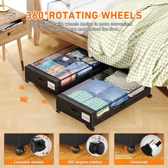 Under Bed Storage with Wheels, 4 Pack Under Bed Storage Containers with Dividers & Clear Lids, XXL 65L Under the bed storage Organizer Bins, Underbed Storage with Wheels for Clothes,Shoes,Toys - Black