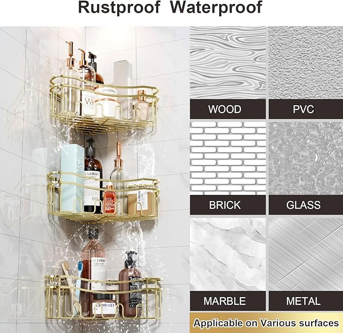 Gold corner shower caddies with depth caddy and Built in 12 hooks rustproof wall mounted No drilling No marring adhesive bathtub corner organizer for bathroom kitchen and laudry room