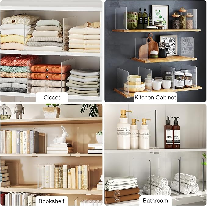 Purse Organizer for Closet Shelf Dividers: 8-Pack Adjustable Clear Acrylic Bag Storage Organizer for Handbags, Sweaters, Towels, Jeans and Shoes on Wood Shelves