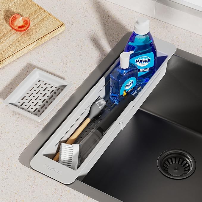 NiHome Extendable Over Sink Kitchen Organizer, Small Telescopic Brush Storage Rack for Sponge, Non-Slip Pads Expandable Sink Caddy, Adjustable Sponge/Brush Rack with Drainage Durable ABS (Gray)