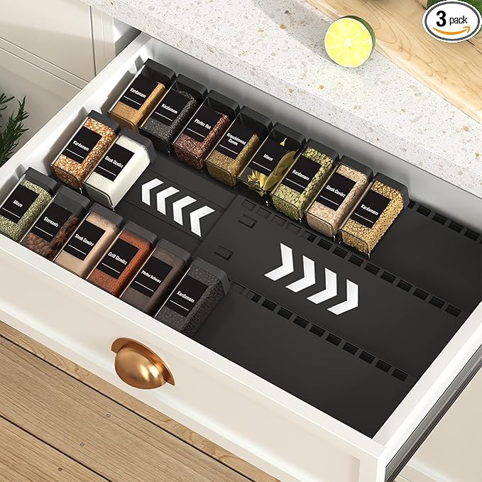 Spice Drawer Organizer, 3 Tier- 3 Pack Drawer Seasoning Organizer Expandable from 13" to 24.4", Spice Rack for Kitchen Drawers, Spice Organization Insert Tray for Drawer (Jars not included)
