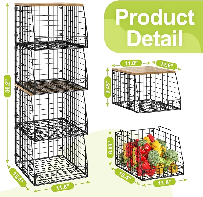4 Pack Stackable Wire Baskets with Fixed Wooden Top, Vegetable Fruit Storage Bins for Onion Potato Snack, Pantry Baskets for Kitchen Cabinet Countertop, Pantry Organizers and Storage Rack
