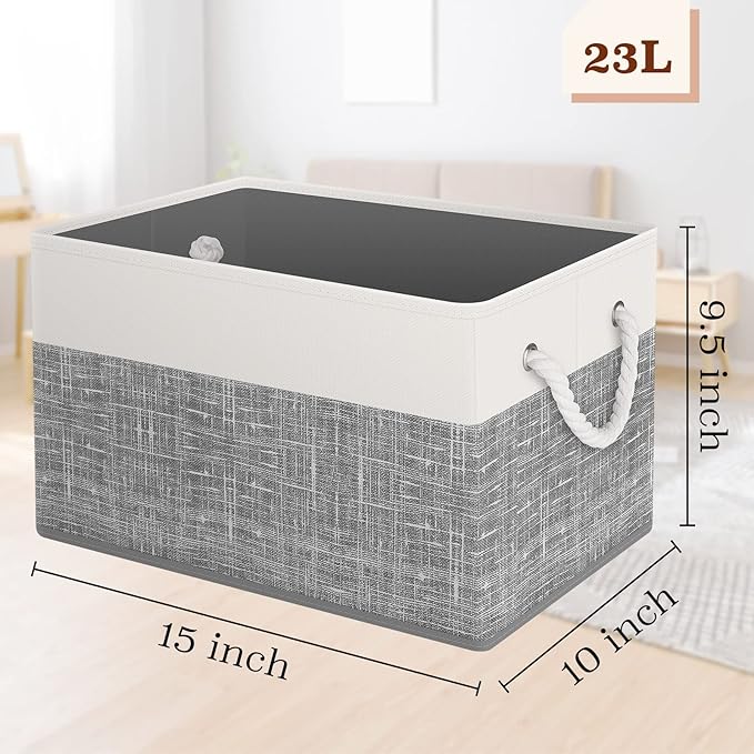 Storage Bin,Collapsible Storage Basket For Organizing,Large Storage Boxes With Rope Handles,Storage Containers,White & Grey,3 Pack