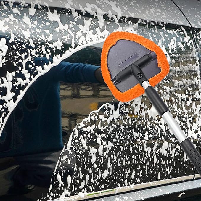 Ziciner Car Windshield Cleaner, Microfiber Auto Cleaning Wiper with Aluminum Extendable Handle and 2 Washable Reusable Cloth Pad Head, Universal Vehicle Interior Exterior Cleaner Kit (Orange-Triangle)