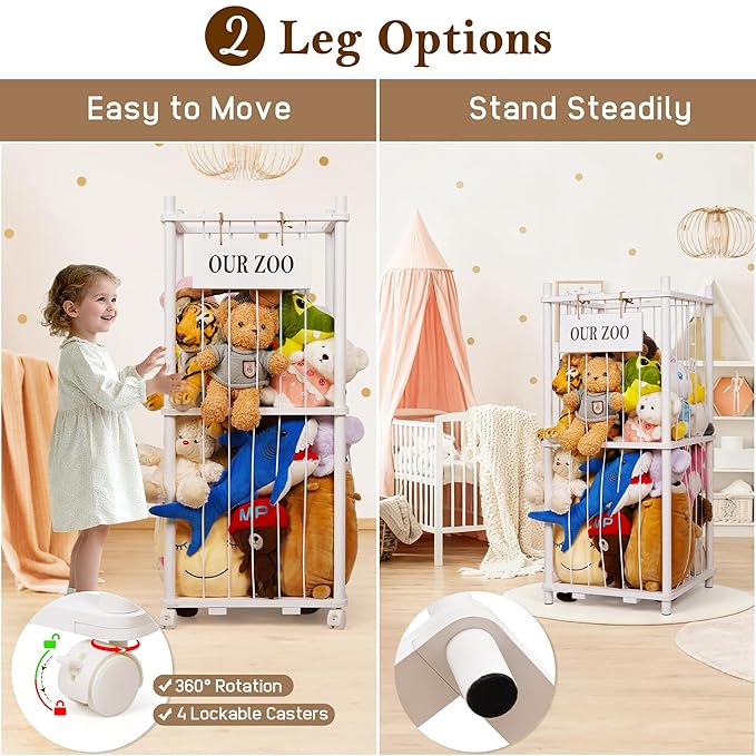 Stuffed Animal Storage Zoo, Wooden Stuffed Animal Organizer with Removable Wheels & 5-Row Elastic Cords, Space-Saving Plush Toy Storage Holder for Playroom, Bedroom, Nursery