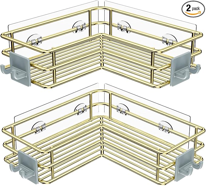 Nieifi Corner Shower Shelves Stainless Steel, Adhesive Shower Caddy Basket Rack with Hooks, Rust Proof for Bathroom Shelf Shampoo Holder (Golden, 2 Pack)