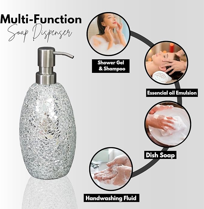 Escenzy Modern Silver Bathroom Accessories Sets 4 Pcs | Luxurious Soap Dispenser, Toothbrush Holder, Cotton Glass Jar, Soap Tray | Silver Bathroom Decor | Mosaic Glass Bathroom Accessories