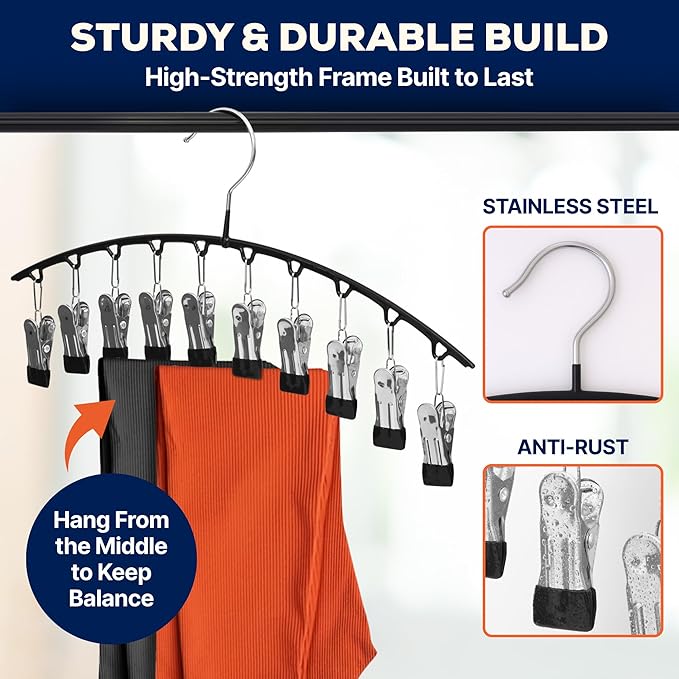 Leggings Organizer for Closet Hanging Space Saving Legging Hangers with Multiple Clips, Curved Hanger for Leggings, Yoga Pants & Shorts, Closet Organizer Hanger | 2 Pack Legging Hangers