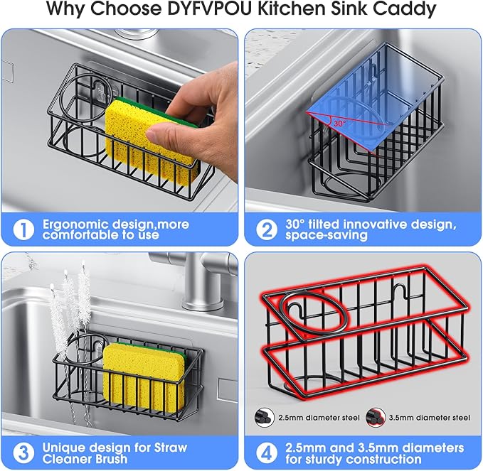 Kitchen Sink Organizer, Strong Adhesive Mount Detachable Sponge Holder for Kitchen & Bathroom Sink with Extra Suction Cups, Holds Sponges, Dish Brushes, Scrubbing Pads