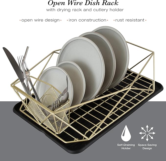 Kitchen Details Geode Deluxe Dish Drying Rack with Drain Board | Cutlery Basket | Utensil Holder | Iron Frame | Satin Gold