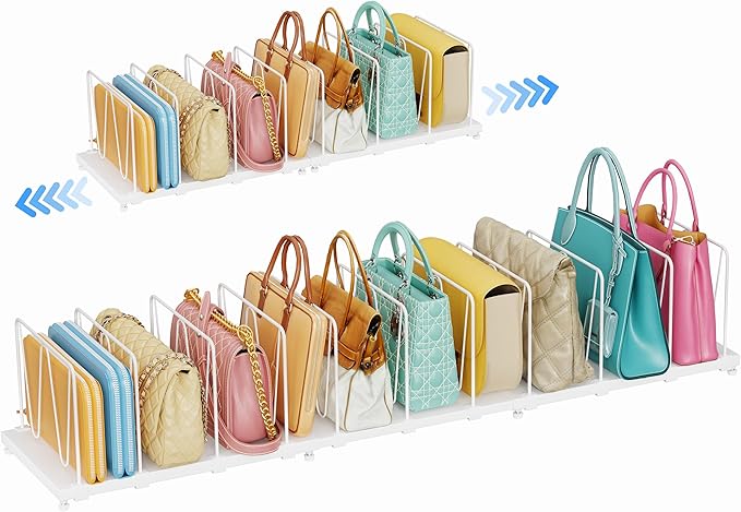 11-Pack Adjustable Shelf Dividers, Expandable Purse Organizer for Closet (32–44.8"), Purse Storage Handbag Organizer for Closet Shoe Cabinet，White