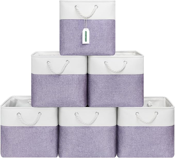 13x13 Inch Cube Storage Bins with Reinforced Bottom Cardboard, 6 Pack Large Foldable Fabric Storage Cubes with Handles for Shelf, Closet, Laundry Organization (White&Purple)