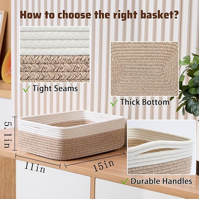 Large Shallow Organizing Baskets 15x11x5.1 Inches - Rope Woven Storage Bins for Bathroom, Shelves, Cube Closet, White Mixed Brown 4 Packs