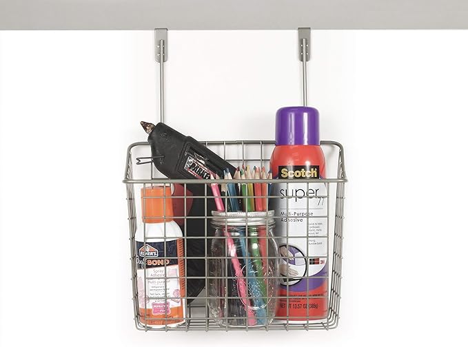 Spectrum Hanging Baskets for Organizing (Large, Satin Nickel) - Grid Over the Cabinet Wire Basket- Kitchen or Bathroom - Door Hanging Storage Organizer for Cleaning Supplies, & Towels (Pack of 6)