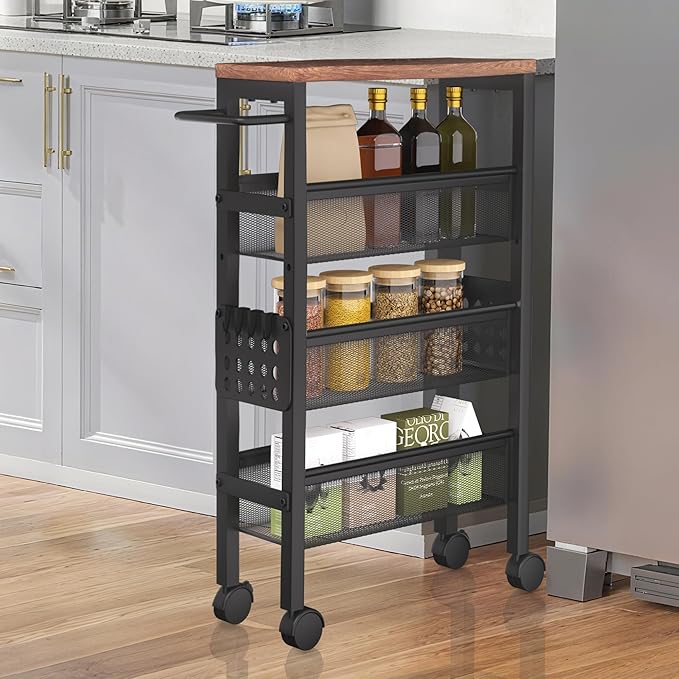 TORIBIO 4 Tier Slim Storage Cart, Narrow Kitchen Rolling Cart with Wheels for Small Space,Mobile Utility Cart Shelving Unit with Metal Frame and Wooden Top for Kitchen, Bathroom, Laundry Room