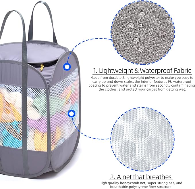 1.5 Loads, Pop-up Laundry Hamper with Extended, Thickened and Reinforced Handles, Tear Proof, Laundry Basket with Zipper Lid, With YKK Zipper, Honey Comb Mesh, Breathable, 14.9"*14.9"*21.6" (white)