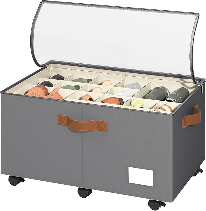Shoe Organizer for Closet, Shoe Storage Organizer with Wheels and Adjustable Dividers, Stackable Shoe Storage Box with Clear Cover, Foldable Closet Shoe Organizer Fits up to 24-48 Pairs, Gray