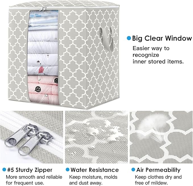 WISELIFE Storage Bags 3 Pack/100L Large Blanket Clothes Organization and Storage Containers for Comforters,Bedding, Foldable Organizer with Reinforced Handle, Clear Window, Sturdy Zippers,Lvory