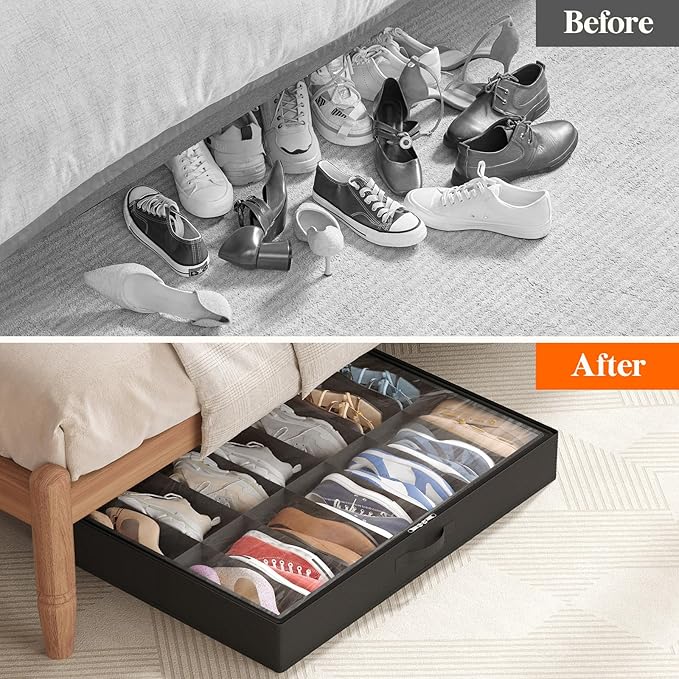 Lifewit Under Bed Shoe Storage Organizer 1 Pack(14 Pairs), 4.3" Tall Fabric Shoes Container Box, Foldable Closet Shoe Bag with 2 Reinforced Handles and Clear Cover, Black