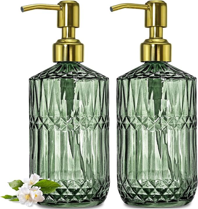 JASAI 2Pack 18Oz Green Glass Soap Dispenser with Gold Rust Proof Pump, Refillable Dish Soap Dispenser for Kitchen, Bathroom Soap Dispenser for Hand soap, Lotion, Body Wash, Dish Soap.