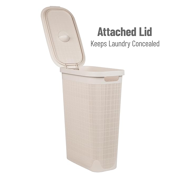 Mind Reader Slim Laundry Hamper with Lid, 40L Clothes Basket, Linen Design, Plastic, Ivory