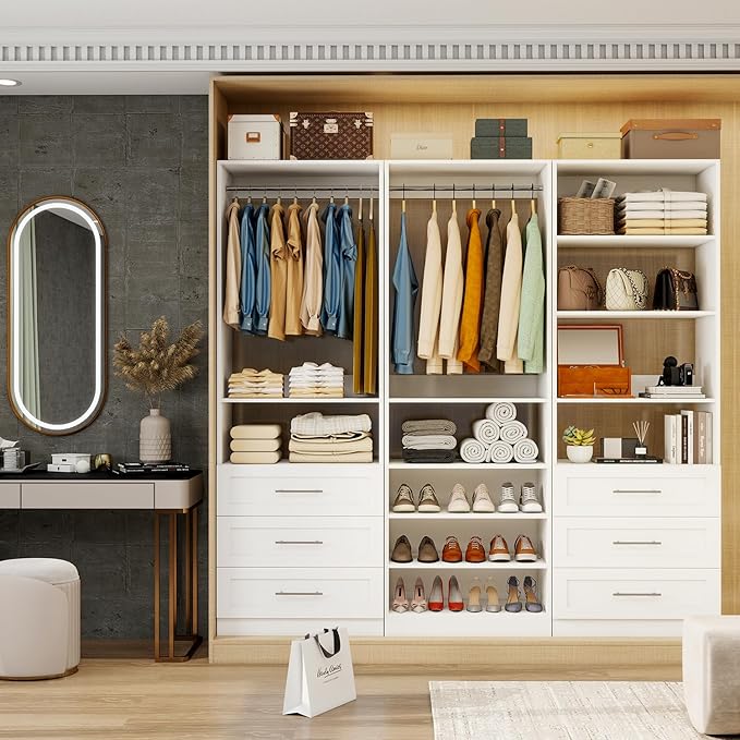 Closet System With 3 Sets, 6–16 Ft Closet Organizer System With 6 Drawers, Walk-In Closet With 9 Shelves & 5 Adjustable Hanging Rods, Customizable Modular Closet Kit, White