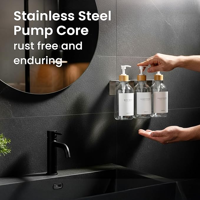 MaisoNovo Shampoo and Conditioner Dispenser - Shower Soap Dispenser Wall Mounted - 16.9 fl oz Set of 3 Clear Plastic Bottles White Bamboo Pump - Shampoo Dispenser, Shower Dispenser 3 Chamber No Drill