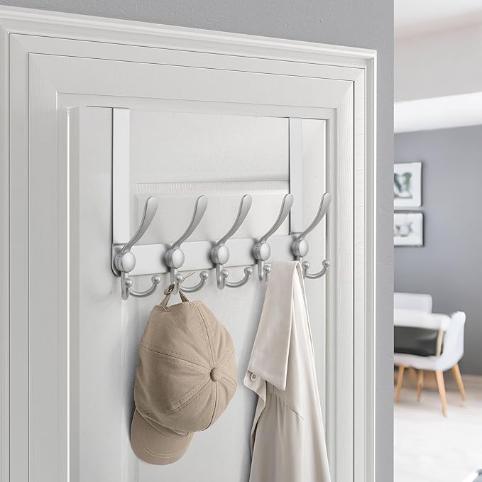 Dseap Over Door Hook 2.0 - Upgraded Version - Simple-Assembly, Strong, Heavy-Duty Stainless Steel 5-Tri-Hook Over The Door Hanger Rack, SimpleStrong Series, Silver
