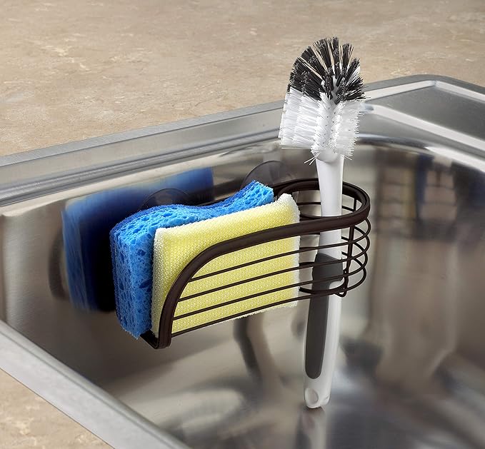 Spectrum Ashley Sink Sponge and Brush Holder with Suction Cups 2 in 1 Sink Caddy Bronze, No Rust Easy Mount Suction Cup Kitchen Sink Sponge and Brush Holder Hanging Wire Cradle Promotes Quick Drying