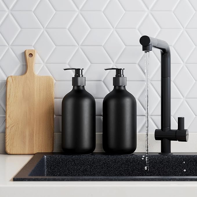 2Pcs Black Soap Dispenser, 16oz Plastic Dish & Hand Soap Dispenser for Kitchen, Empty Liquid & Lotion Dispenser Set for Bathroom Accessories