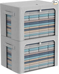 CYhom 2Pack Extra Large Clothes Storage Bins Box - Linen Fabric Foldable Stackable Container Organizer Set with Clear Window & Carry Handles & Metal Frame (Light Grey, Extra Large-100L)