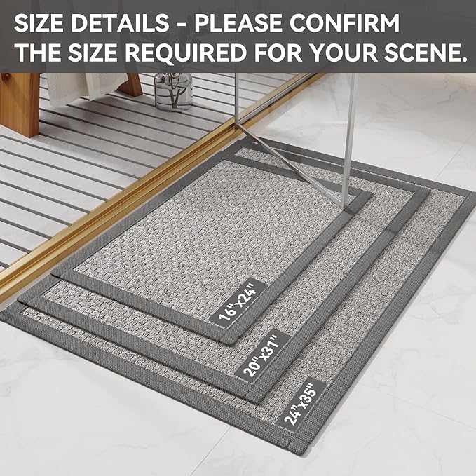 YDKGL Non Slip Bath Mat Bathroom Rugs, Soft Jute-Like Ultra Thin Bath Mats, Rubber Backing Super Absorbent Quick Dry Bath Rug Shower Mat Fit Under Door Bathroom Floor, Machine Washable, Gray 24" x 36"