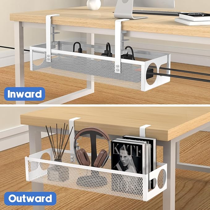 Under Desk Cable Management Tray No Drill 15.1’’, Metal Mesh Cable Management Box with Hybrid Side Slots & Reinforced Basket,Adjustable Cable Tray with Wire Management for Office Home,1 Pack (White)