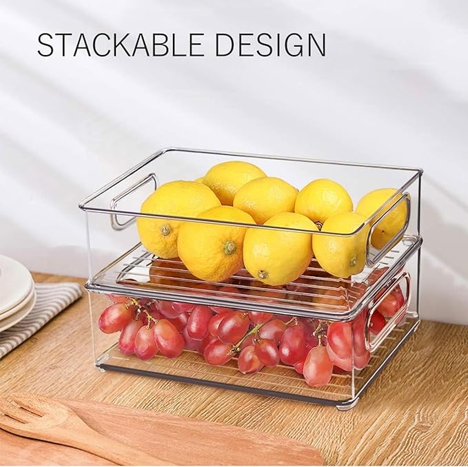 6 Pack Refrigerator Organizer Bins,3 Sizes Stackable Clear Pantry Storage with Handles for Fridge, Freezer, Shelves, Drawer, Snack Organizer for Home & Kitchen