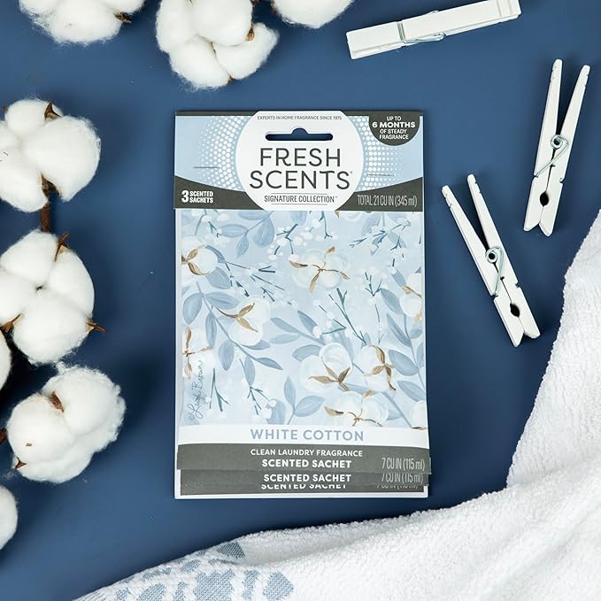 Fresh Scents Scented Sachets | White Cotton |Home Fragrance | Long Lasting (Up to 6 Months) | Air Freshener for Closets, Drawers, & Cars | 6 Pack
