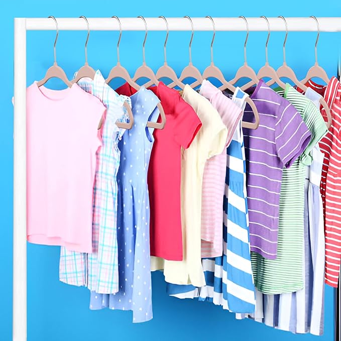 Pink Velvet Kids Hangers 100 Pack, 10.83" Non-Slip Baby & Toddler Hangers for Clothes, Space-Saving Slim ABS Plastic with 360° Swivel Hook & Notched Shoulders, Up to 10 lb Capacity