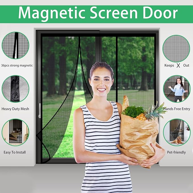 Magnetic Screen Door - Self Sealing Magnets, Reinforced Fiberglass Heavy Duty Mesh Net Closure for Sliding Door, Patio, Bedroom-Hands Free, Pets&Kids Friendly, Fit Doors Size Up to 72 x 80 Inch, Black