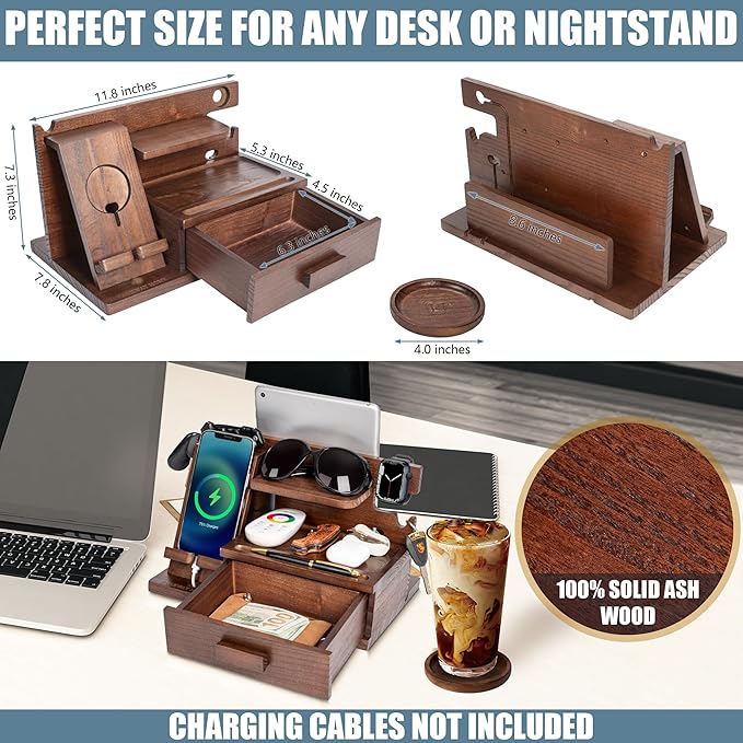 Parkway Home Wood Phone Docking Station with Drawer, Compatible with Apple Watch - Wood Charging Station Organizer Stand, Bedside Nightstand Organizer for Men, Holds Phone, Tablet, Keys, Glasses, EDC