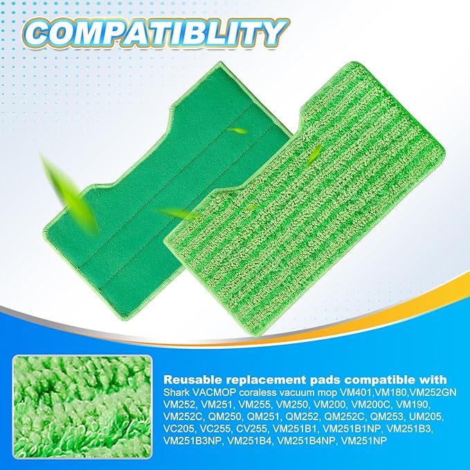 KEEPOW Washable & Reusable Mop Pads Compatible with Shark VACMOP VM252 VM200 VM401 VM180 VM252GN VC205 VM250 Cordless Vacuum Hard Floor Mop, Compatible with VACMOP Pads, Green, 4+2+1 Pack