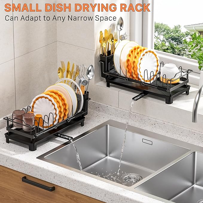 masadi Small Dish Drying Rack - Expandable Sink Dish Drying Rack Over Sinks with Drying Tray, Dish Drainer for Kitchen Counter with Adjustable Cutlery Holder, Space-Saving for Small Kitchens, Black