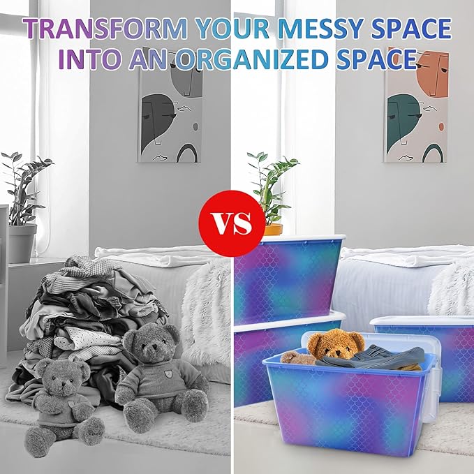 Storage Organizer Bins with Lids - 4PC 58QT Heavy-Duty Container Boxes Stackable and Nestable Storage Bins Plastic Large Storage Totes Rainbow Mermaid Bins for Home, Office, and Garage