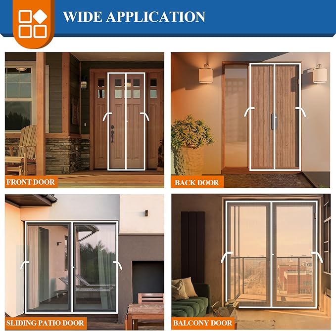MAGZO Magnetic Screen Door, Fits Door Size 62'' x 80'', Tear-Resistant High-Density Fiber Mesh, Pet&Kids Friendly, Easy Installation for Sliding Glass/Double/Patio/French/Front/Back Doors, White