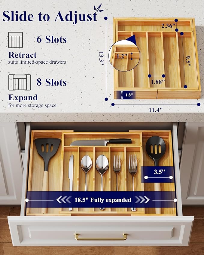 Kitsure Silverware Organizer - Expandable Bamboo Kitchen Drawer Organizer for Cooking Utensils and Cutlery, Sturdy & Thickened Kitchen Organizers and Storage Solution, Large, Natural